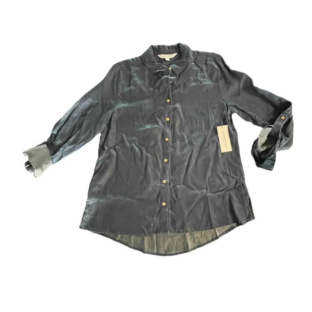 Madison Grey Blue Button Down Super Soft Blouse NWT Size Medium
